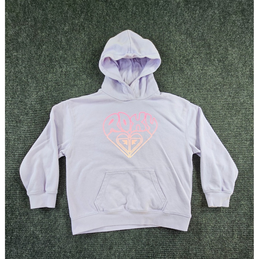 Roxy Hoodie Girls M 10/12 Purple Heart Graphic Kangaroo Pockets Pullover Outdoor